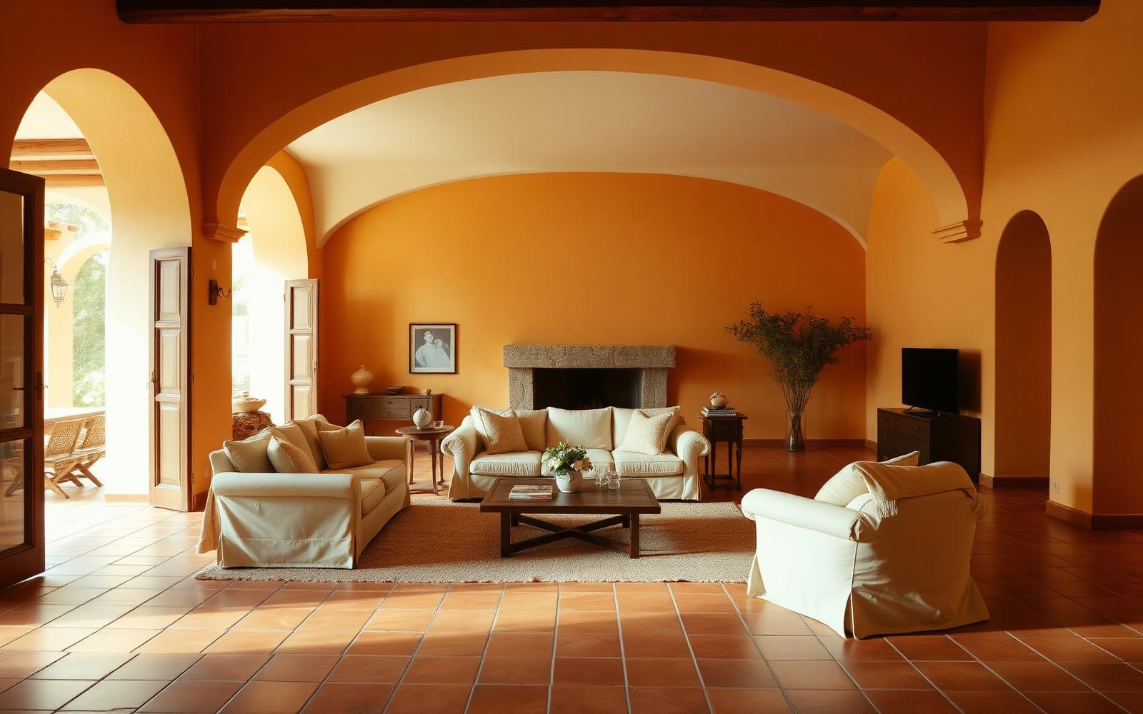 Villa living room in warm tones with arched openings and terracotta floors