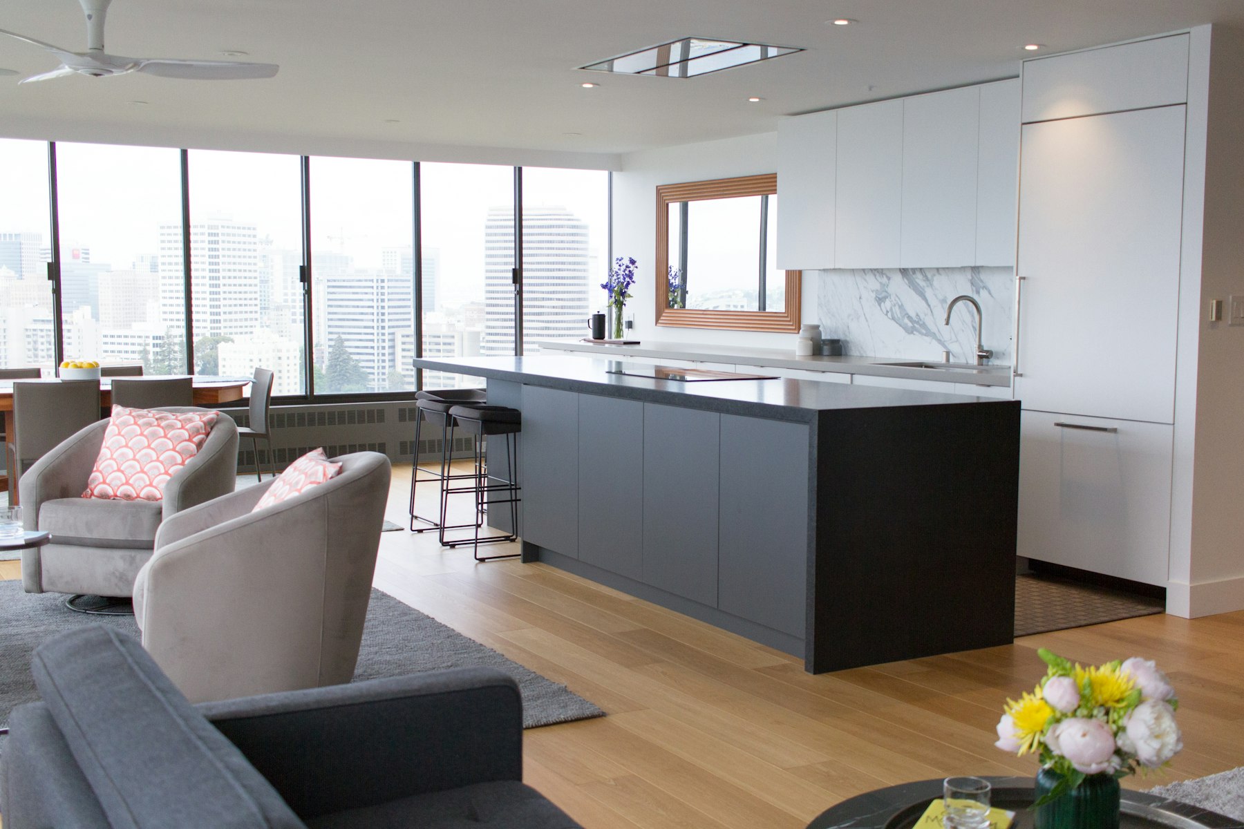 Open living and kitchen space in warm neutrals