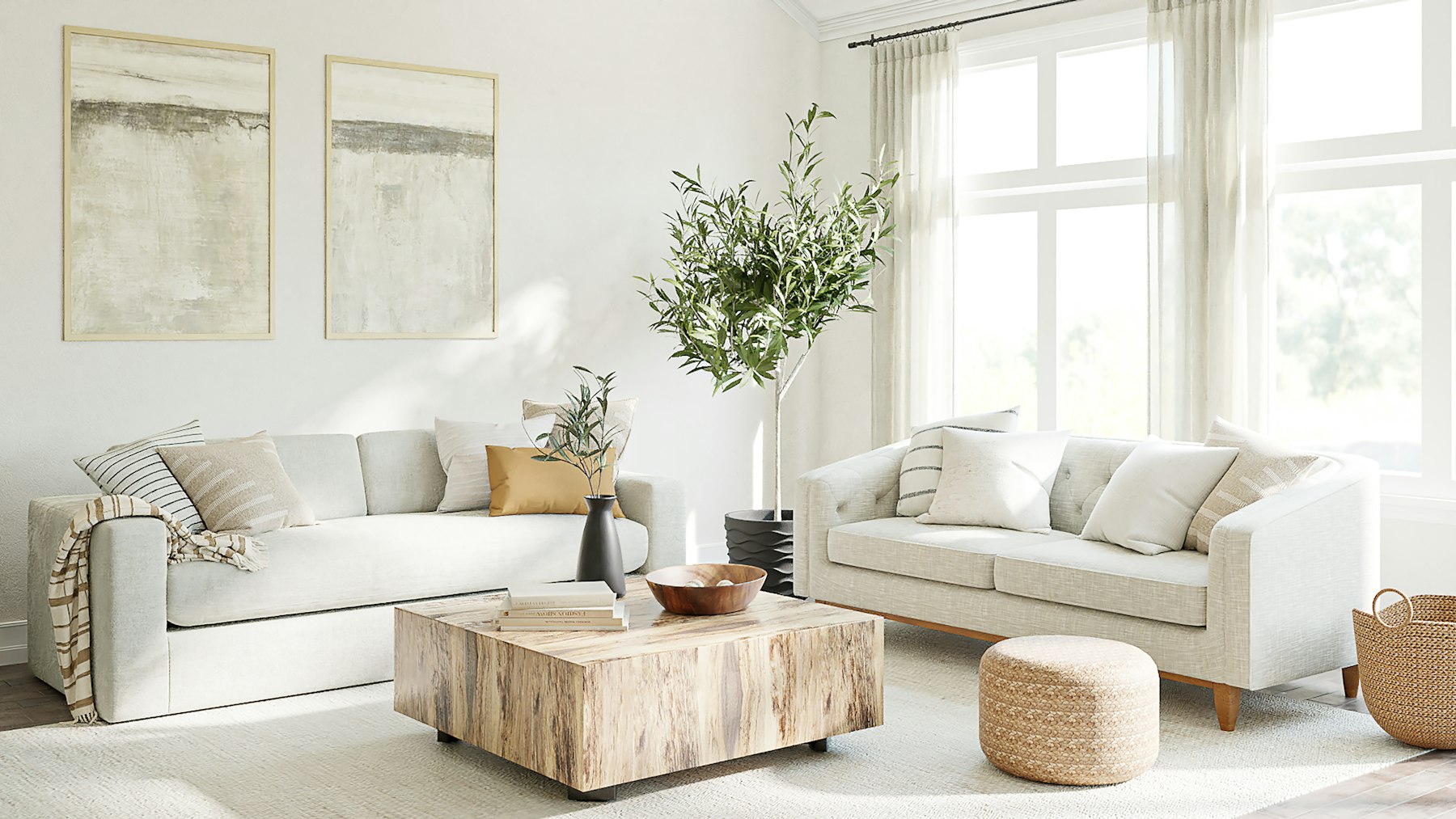 Living room in soft whites opening to a screened lanai