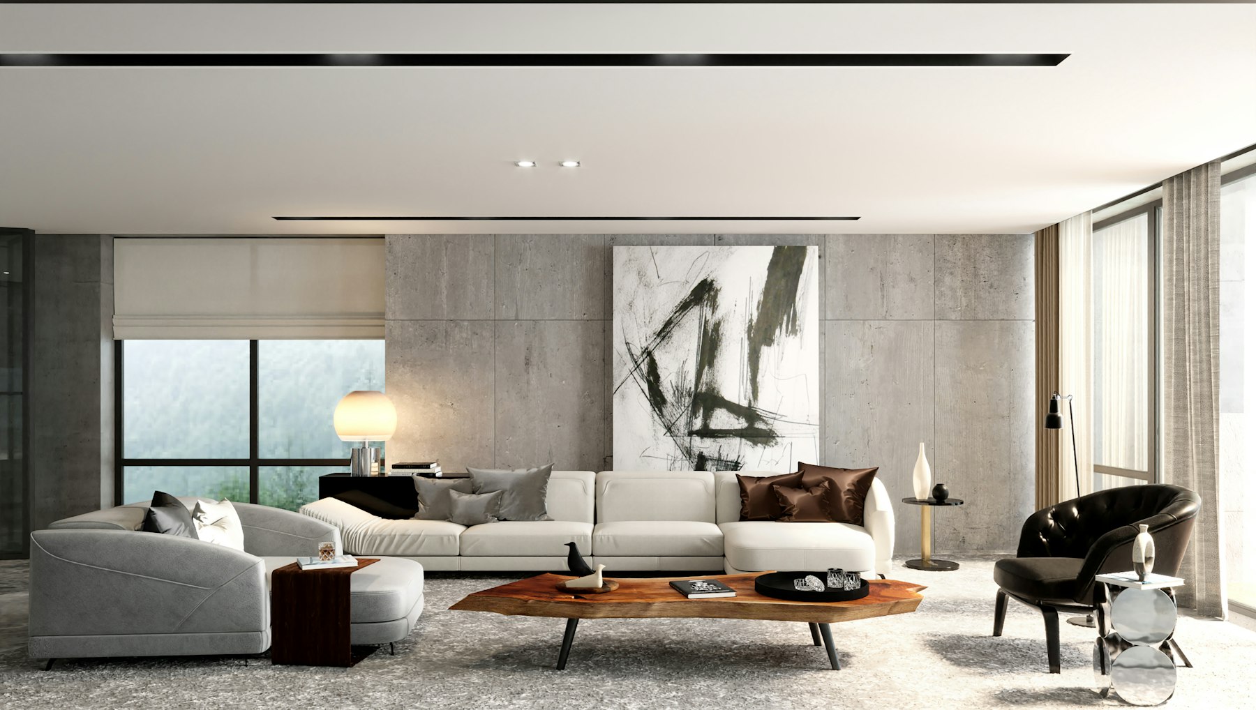 Loft living room with exposed concrete ceiling and tall black-framed windows
