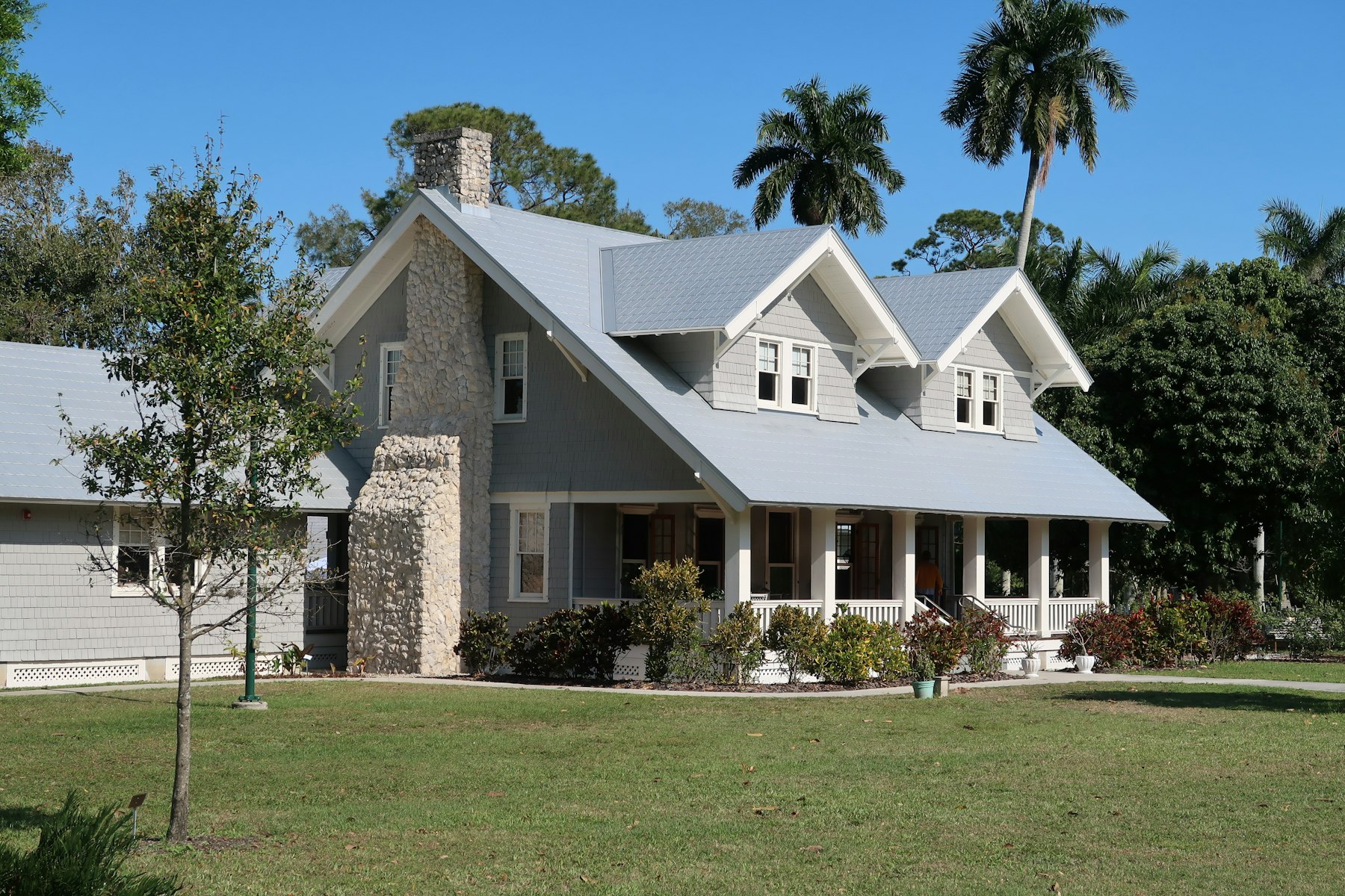 The Mangrove House from the drive, a low modern house framed by preserve trees