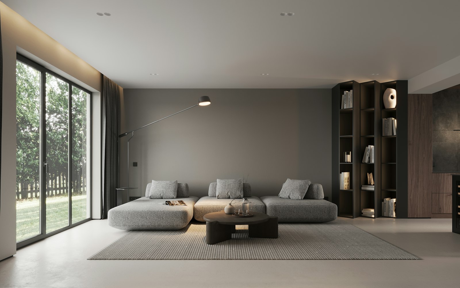 Open living space with white walls, oak floors and sliding glass to the pool deck