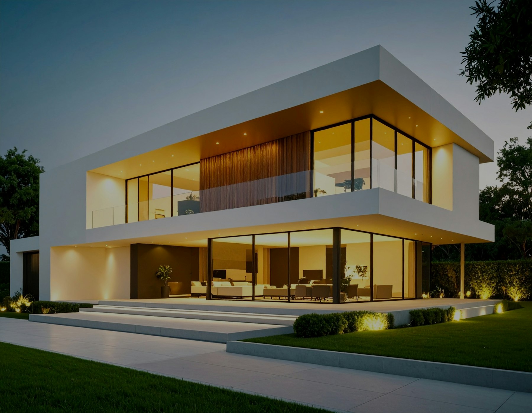 The Palm Court Residence at dusk, a two-storey modern house with warm interior lighting
