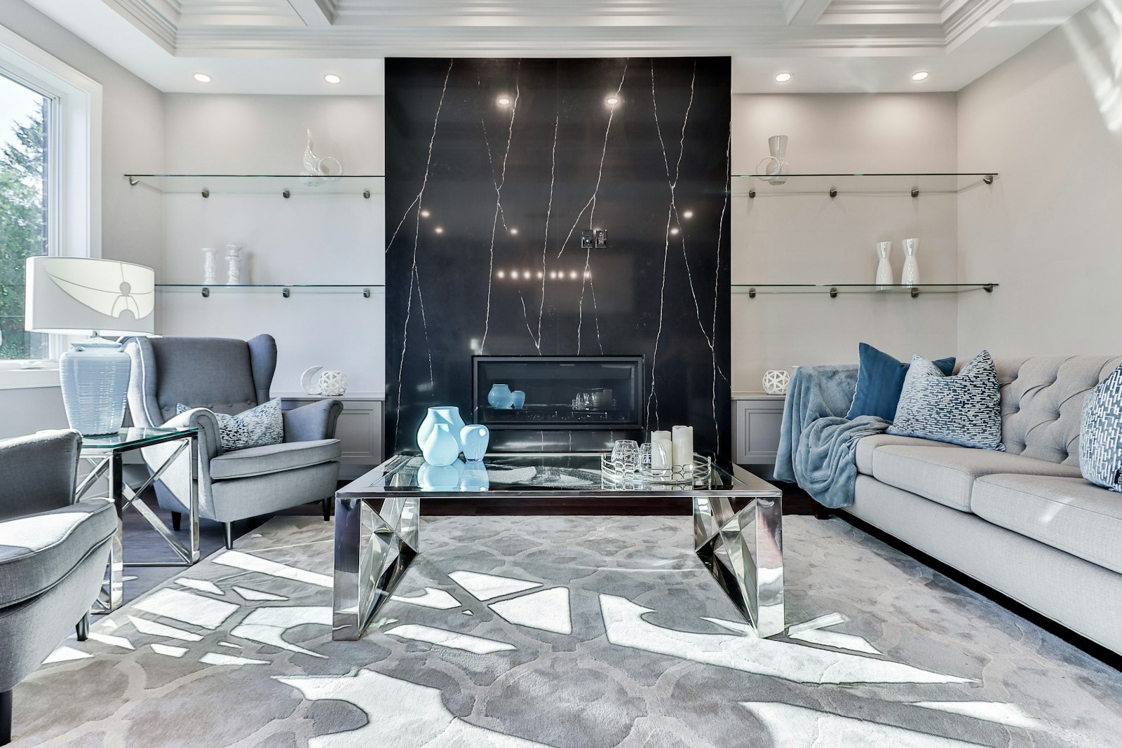 Sitting area beside the linear fireplace