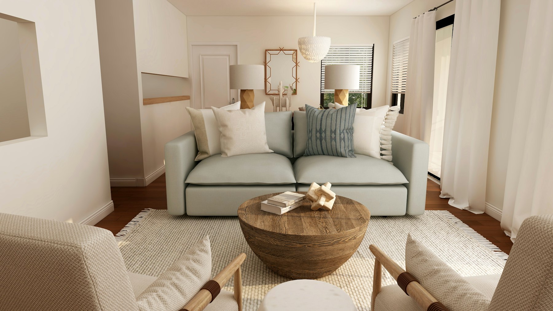 Living room facing the lake through sliding glass