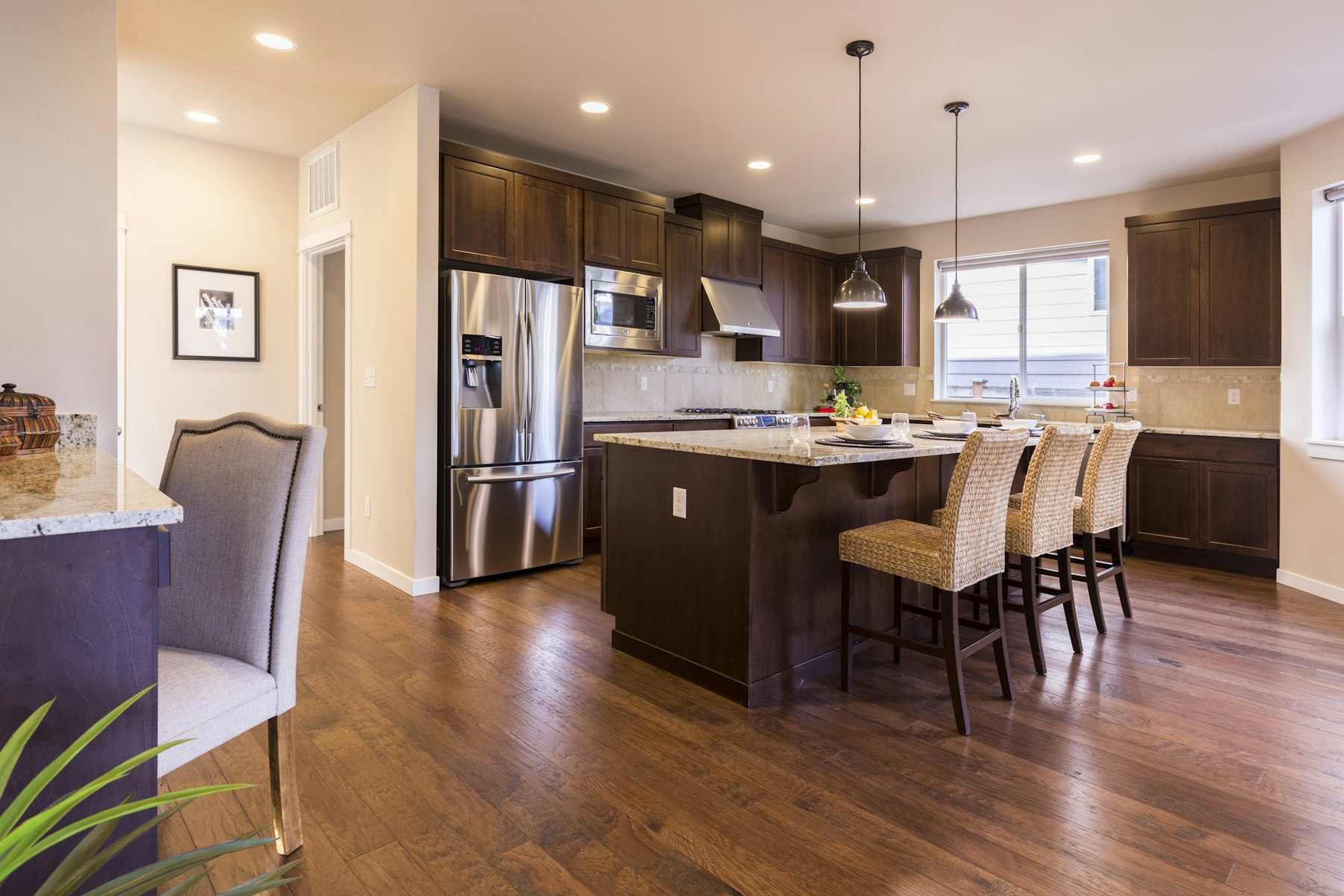 Gas range, vented hood and a single slab island