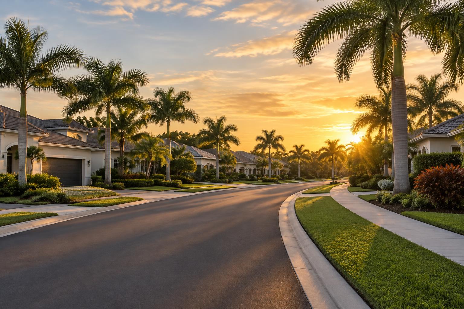 Generic residential community street with palms, sidewalks and stucco homes in golden evening light.