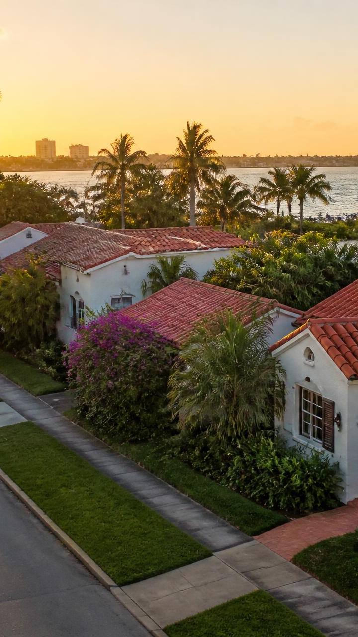 Palm-lined West Palm Beach street of Spanish revival bungalows facing the Intracoastal and marina