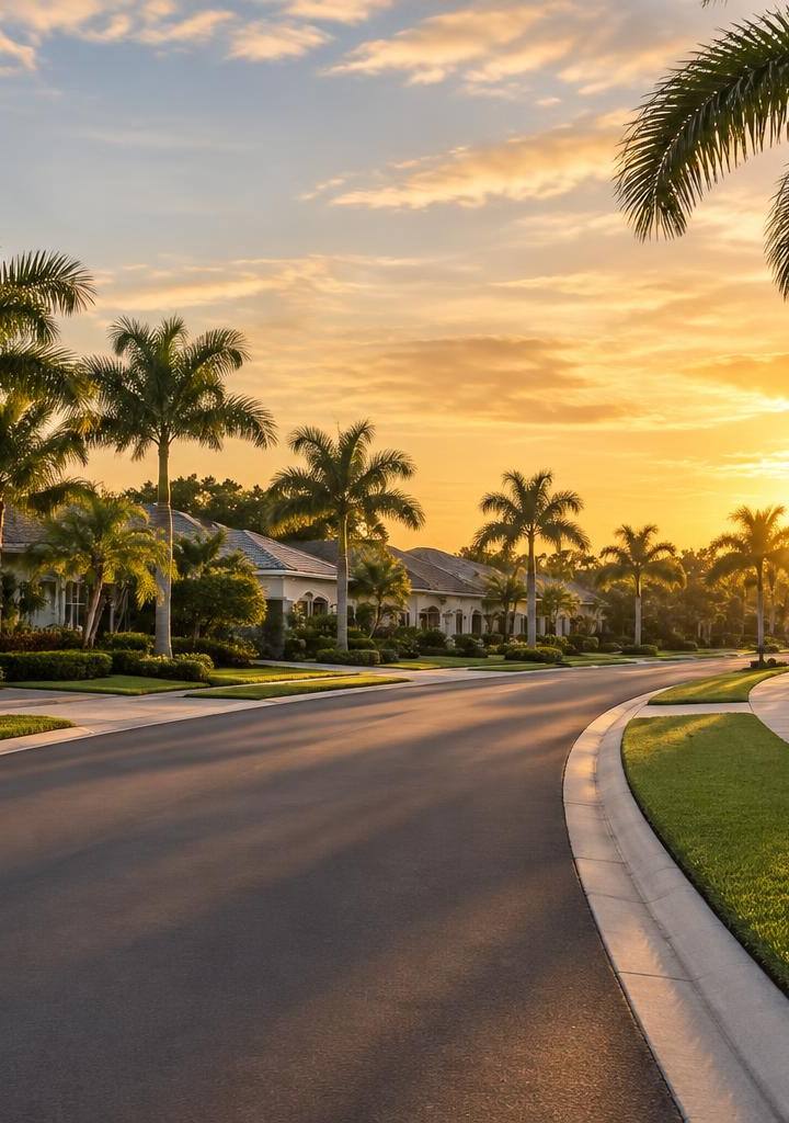Generic residential community street with palms, sidewalks and stucco homes in golden evening light.