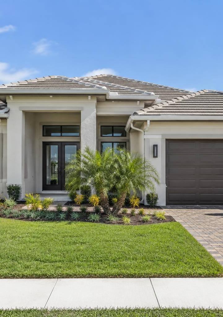 Generic contemporary single-family residential exterior with stucco walls, palm landscaping and a paved drive.