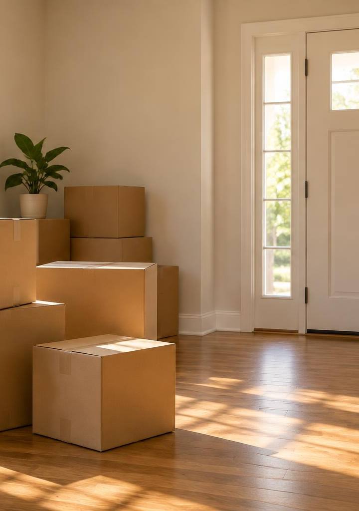 Plain moving boxes in a bright empty residential room beside a front door in warm afternoon light.